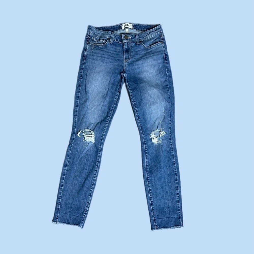 PAIGE Distressed Mid-Rise Verdugo Ankle Skinny Jeans Raw Hem Blue Women’s Sz 28